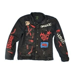 Sacred Crown‎ FRESH & Savage Graffiti Denim Jacket - Pop Art Patches - Tagged 3X
